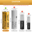 Vapcell G53 26650 5300mAh battery terminal guide showing Flat Top (26.3×65.3mm), Button Top (adds ~2mm), and Protected Button Top (adds ~4mm) options. Flat/Button Top support 20A discharge; Protected version has a lower limit due to protection board.