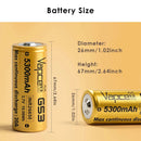 Vapcell G53 26650 5300mAh battery detailed dimensions showing Flat Top 26.3×65.3mm, Button Top 26.3×67.3mm, and Protected Button Top 26.3×69.3mm lengths, with 3.7V nominal voltage and 20A discharge specs.