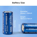 Vapcell G65 32700 battery compared to 26650 and 18650 cells for size reference