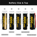 Vapcell G68 21700 battery dimensions 21.4mm diameter x 70.6mm length, showing flat top, button top, nickel tab, pre-wired, and protected top terminal options.