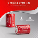 Close-up of Vapcell INR26350 cell showing 2000mAh 6A specs and flat top terminal