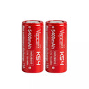 Two Vapcell K54 26650 5400mAh 15A NMC batteries lying on a carbon fiber background
