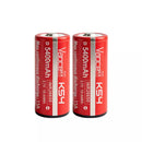 Two Vapcell K54 26650 5400mAh 15A NMC batteries lying on a carbon fiber background