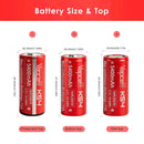 Vapcell K54 26650 batteries next to digital multimeter reading voltage