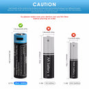 Infographic showing 2200mAh energy, 1.5V regulated output, and USB-C rechargeable features of Vapcell P1422A