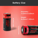 Vapcell P1609B 16340 next to a disposable CR123A battery for size comparison