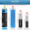 2-pack Vapcell P1840A 18650 4000mAh USB-C batteries in EVA case compared to a standard 18650 battery showing longer length