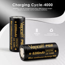 Close-up of Vapcell IFR32700 P62 cell showing 6200mAh 20A printed specs and flat top terminal