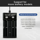Vapcell Q2S-C USB-C charger wide compatibility chart supporting 10340, 10440, 14500, 16340, 18650, 21700, 26650 and many more 3.6V/3.7V Li-ion battery sizes.
