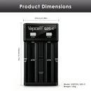 Vapcell Q2S-C dual-slot charger compact dimensions, wide bay design accommodates long protected 21700 batteries up to 74.8mm length.