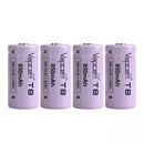 Four Vapcell T8 16340 850mAh 3A button top batteries in retail box