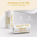 Vapcell T9 16340 battery close-up showing 950mAh 3A detail