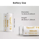 Vapcell T9 16340 battery next to a digital multimeter showing voltage