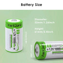VariCore 1.2V D size 10000mAh NiMH battery detailed dimensions measuring 32.2mm diameter by 61mm height, with technical specifications table.
