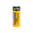 VariCore 26700 3.7V 5500mAh 20A high drain flat top rechargeable Li-ion battery in yellow wrap with printed specifications