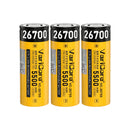 VariCore 26700 3.7V 5500mAh 20A high drain flat top rechargeable Li-ion battery in yellow wrap with printed specifications