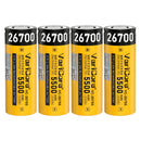 VariCore 26700 3.7V 5500mAh 20A high drain flat top rechargeable Li-ion battery in yellow wrap with printed specifications