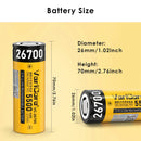 Accurate dimension diagram of VariCore 26700 high capacity battery measuring 26.2mm in diameter and 70.8mm in height for battery compartment fitment