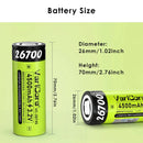 Detailed specification table of VariCore 26700 LiFePO4 battery showing 26.5x71mm dimensions, 4500mAh capacity, 22.5A discharge, and 2500 cycle lifespan