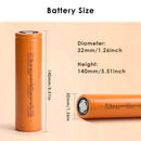 Detailed specification table of XiaoLu 32140 LiFePO4 battery showing 32x140mm dimensions, 15Ah capacity, 45A output, and 2500-3000 cycle lifespan