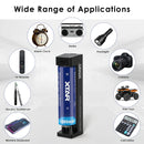  XTAR 21700 4900mAh 10A battery dimensions measuring 21.4mm diameter by 74.8mm height with protection board, weighing 71g, 3.6V nominal voltage.
