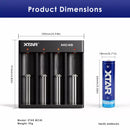 Size of 4-bay universal charger and 18650 battery