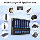 8-bay LCD charger managing multiple batteries for commercial lighting setup