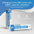 XTAR AA 2600mAh NiMH battery cycle life chart showing over 1000 recharge cycles and stable capacity retention.