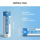 XTAR AA 2600mAh NiMH battery detailed dimensions measuring standard AA size (14mm diameter x 50mm height) with technical specifications.