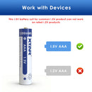 XTAR AAA 1200mWh Li-ion battery featuring a standard button top positive terminal for secure contact with spring-loaded devices.
