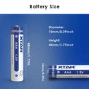 XTAR AAA 1200mWh Li-ion battery detailed dimensions measuring standard AAA size (10.5mm diameter x 44.5mm height) with built-in Type-C port.