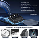 XTAR BC4 charger showing 0.5A charging current, LED indicator for charging status, button activation for emergency USB power bank output and LED flashlight.