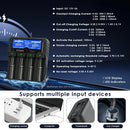 XTAR DRAGON VP4L Plus charger showing adjustable 0.5A/1.0A/2.0A currents, high-definition LCD display with capacity percentage and voltage, and 12V/3A AC adapter power input.