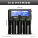 XTAR DRAGON VP4L Plus charger detailed dimensions measuring 158mm length, 147mm width and 40mm height, weighing 365g without batteries and adapter.