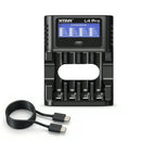XTAR L4 Pro 4-slot smart charger with LCD display, charging 1.2V NiMH and 1.5V Li-ion AA and AAA batteries. Batteries NOT included.