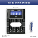 Detailed dimensions of XTAR L4 Pro charger (102mm x 80mm x 27.5mm) and standard AAA Li-ion battery size with full technical specifications.