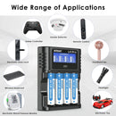 XTAR L4 Pro charger applied in a real home scene, charging 4x AA 2600mAh NiMH batteries with LCD status display visible.
