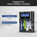 XTAR L4 Pro charger compatibility chart supporting 1.5V AA/AAA Li-ion and 1.2V AA/AAA NiMH and NiCd batteries.