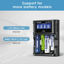 XTAR L4 Pro charger compatibility chart supporting 1.2V NiMH/NiCd and 1.5V Li-ion AA and AAA batteries.