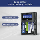 XTAR L4 Pro charger compatibility chart supporting 1.2V NiMH/NiCd and 1.5V Li-ion AA and AAA batteries.