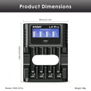XTAR L4 Pro charger detailed dimensions measuring 102mm length by 80mm width by 27.5mm height, weighing 88g with full technical specifications.
