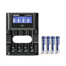 XTAR L4 Pro smart charger kit with 4x AAA 1.5V 1200mWh Li-ion batteries, LCD display, Type-C input. Batteries included.