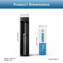 Detailed dimensions of the XTAR MC1 charger (103mm x 25mm x 30mm) and 18650 3500mAh 10A battery (18.4mm diameter x 69mm height) with full technical specs table.