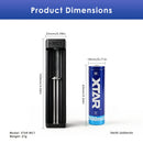 Detailed dimensions of the XTAR MC1 charger (103mm x 25mm x 30mm) and 18650 2600mAh battery (18.8mm diameter x 68.8mm height) with technical specs.