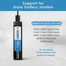 XTAR MC1 USB-C single bay charger wide compatibility chart supporting 10440, 14500, 16340, 18650, 21700, 26650 and many more 3.6V/3.7V Li-ion battery sizes.