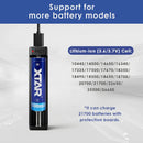 XTAR MC1 USB-C single bay charger wide compatibility chart supporting 10440, 14500, 16340, 18650, 21700, 26650 and many more 3.6V/3.7V Li-ion battery sizes.
