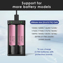XTAR MC2 charger compatibility – supports 18650, 21700, 26650, 18350, 14500 and protected 21700.