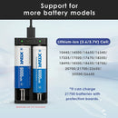 XTAR MC2 battery compatibility chart showing 18650, 21700, 26650, 18350, 14500, and protected 21700 cells.