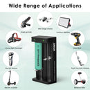 XTAR MC2 charger and EVE 33V button top batteries powering a flashlight and camping light.
