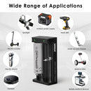 XTAR MC2 charger and EVE 50E flat top batteries powering camping lights, emergency backup systems, and portable power stations.